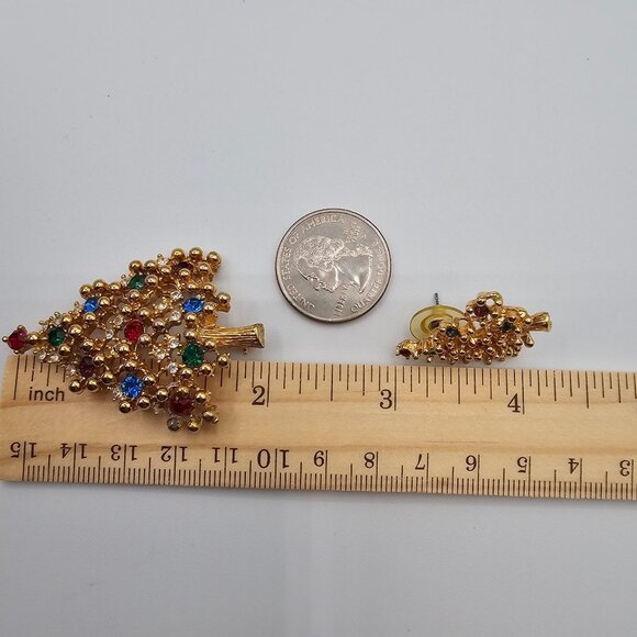 Eisenberg Matching Earrings + Brooch Gold Tone Decorated Festive Christmas Trees - Picture 5 of 15